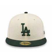 New Era Los Angeles Dodgers 59FIFTY fitted hat in chrome cream and dark green colorway with flat green brim and raised LA logo front view product image