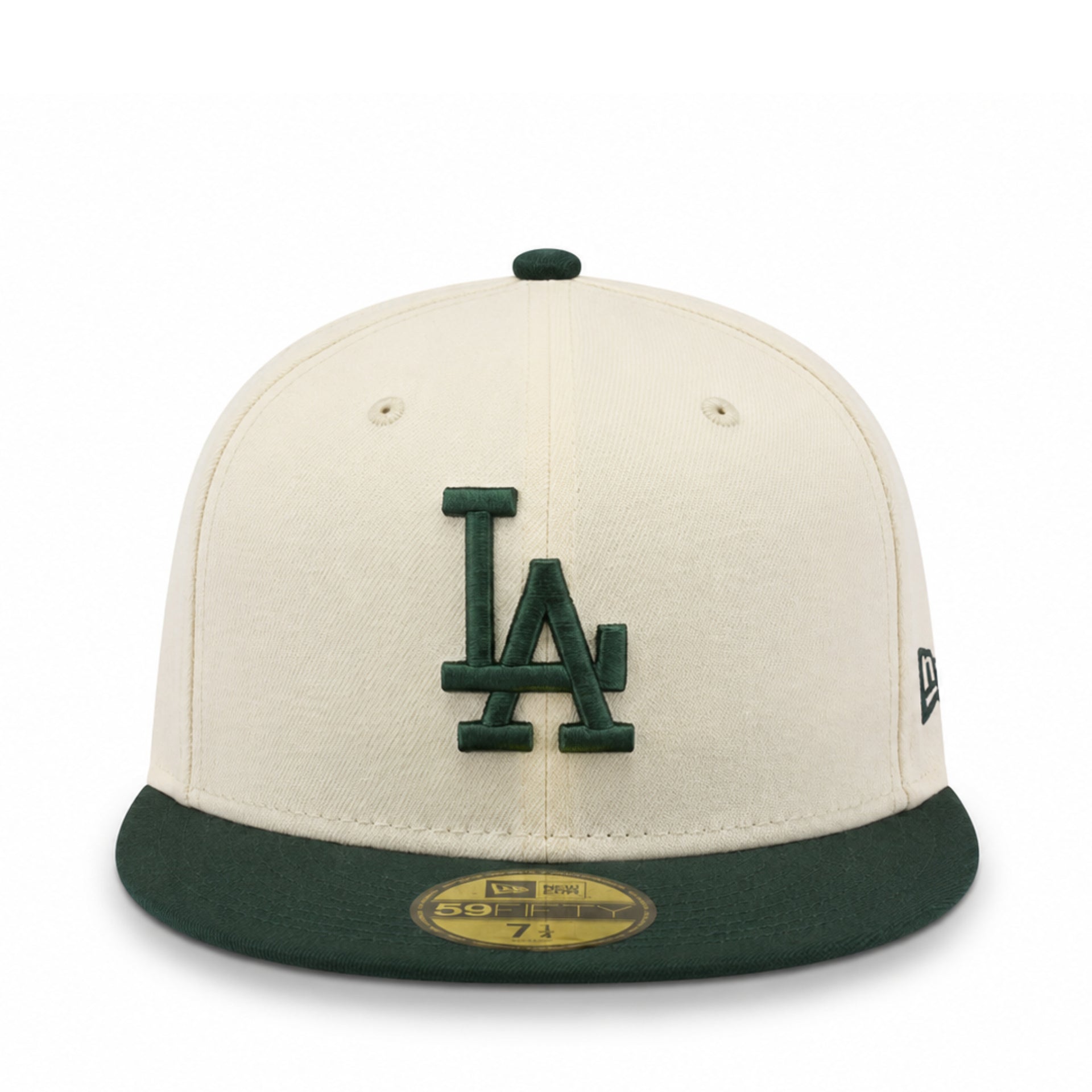 New Era Los Angeles Dodgers 59FIFTY fitted hat in chrome cream and dark green colorway with flat green brim and raised LA logo front view product image
