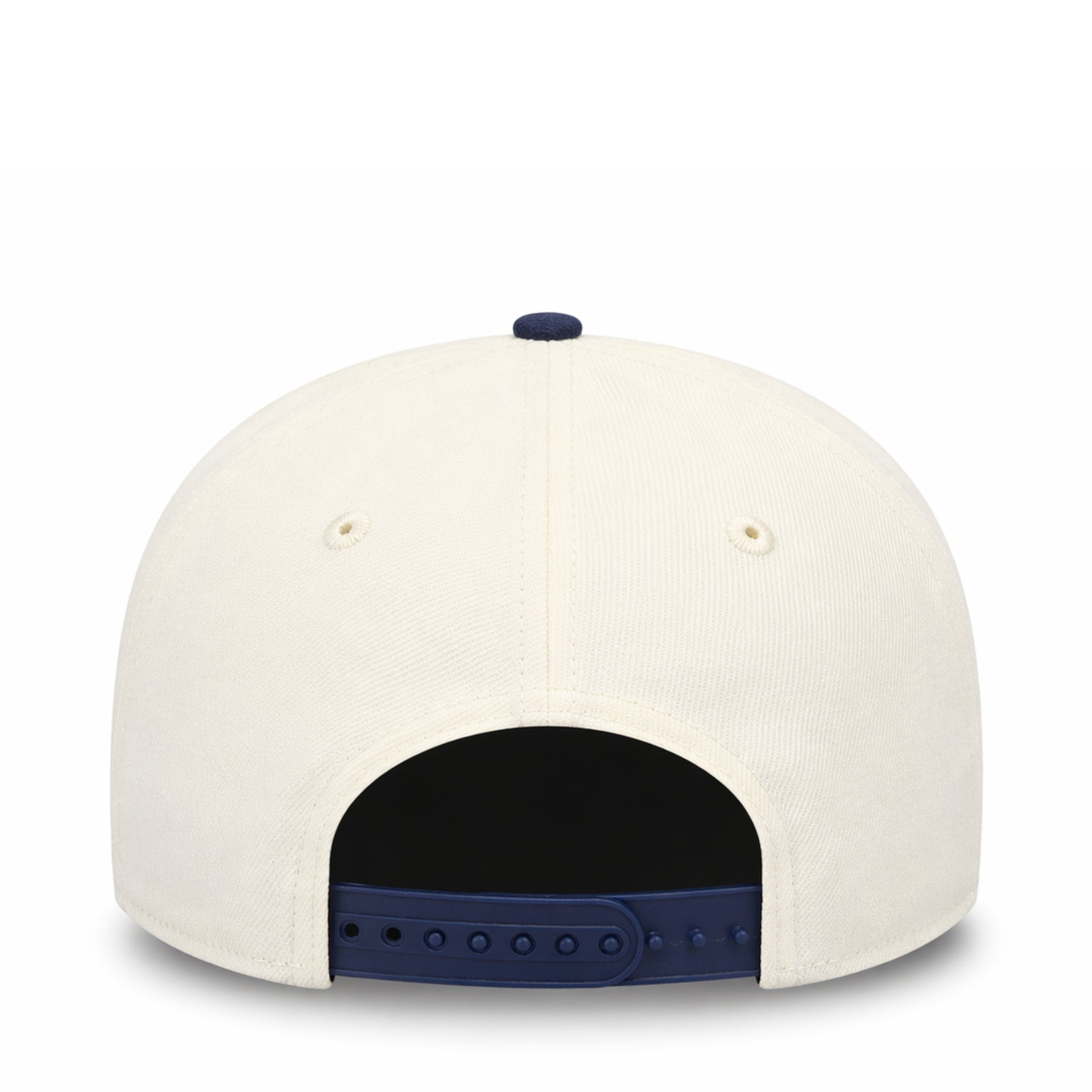 White cap with blue interior and brim on a white background