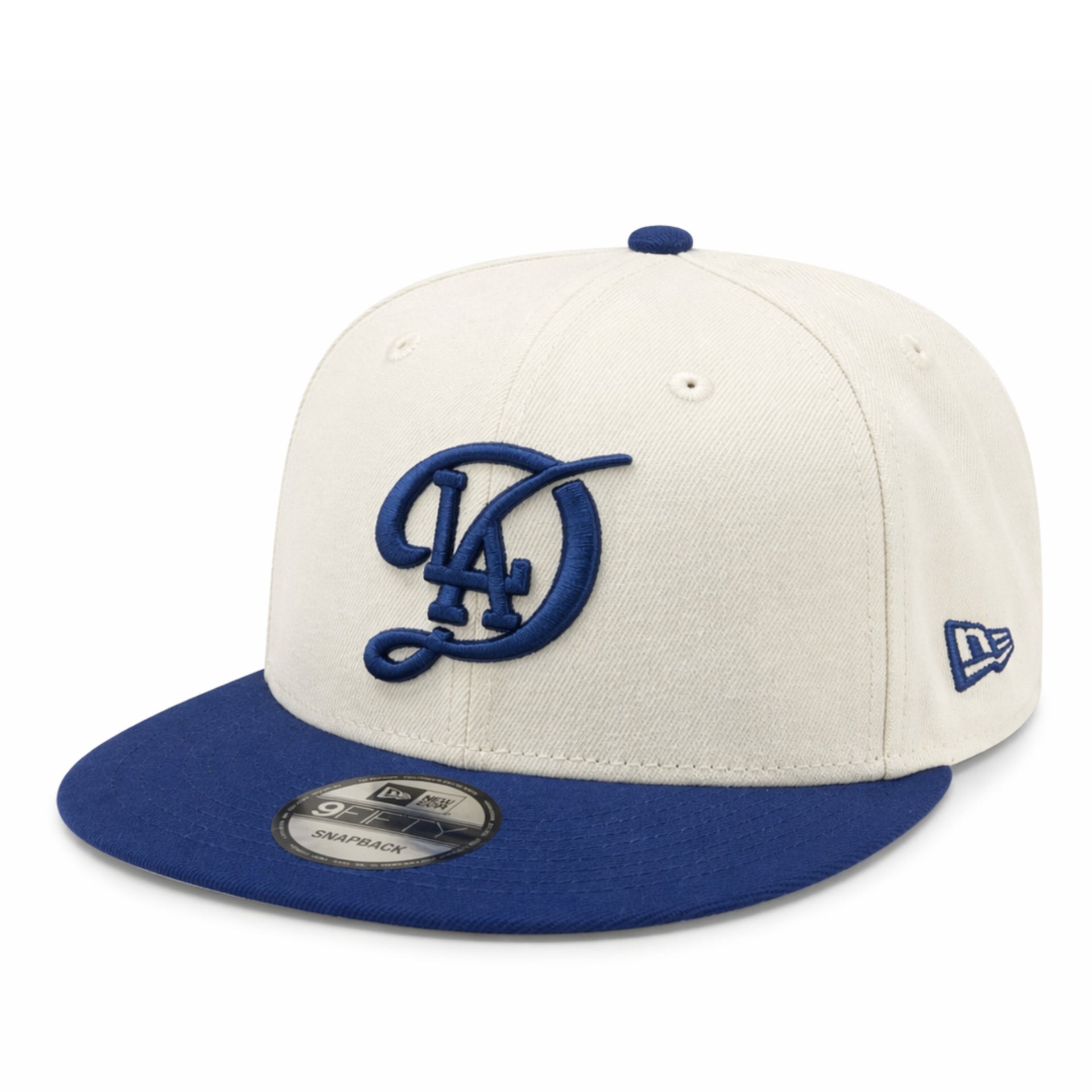 Baseball cap with blue and white design on a white background