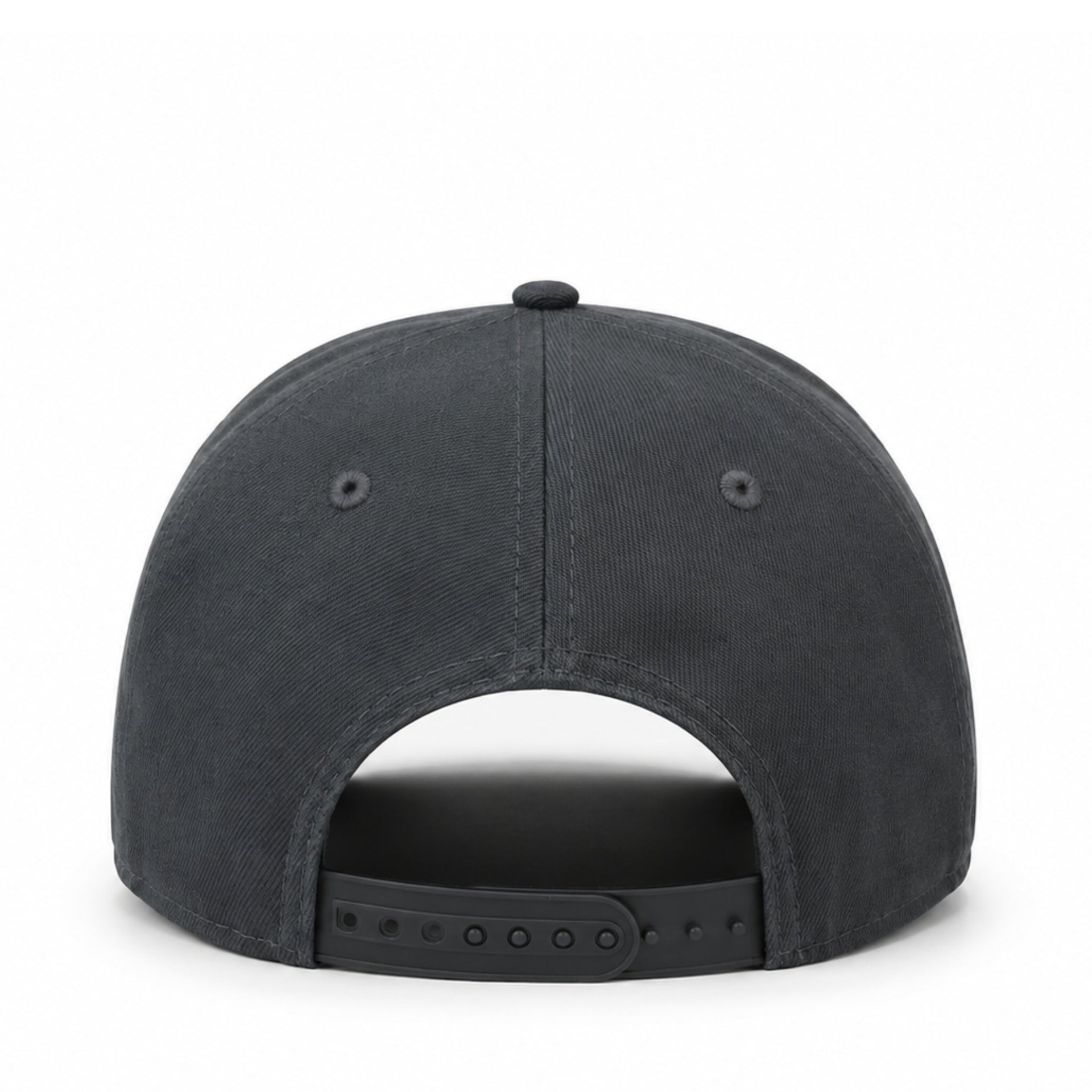 Back view of a black baseball cap on a white background