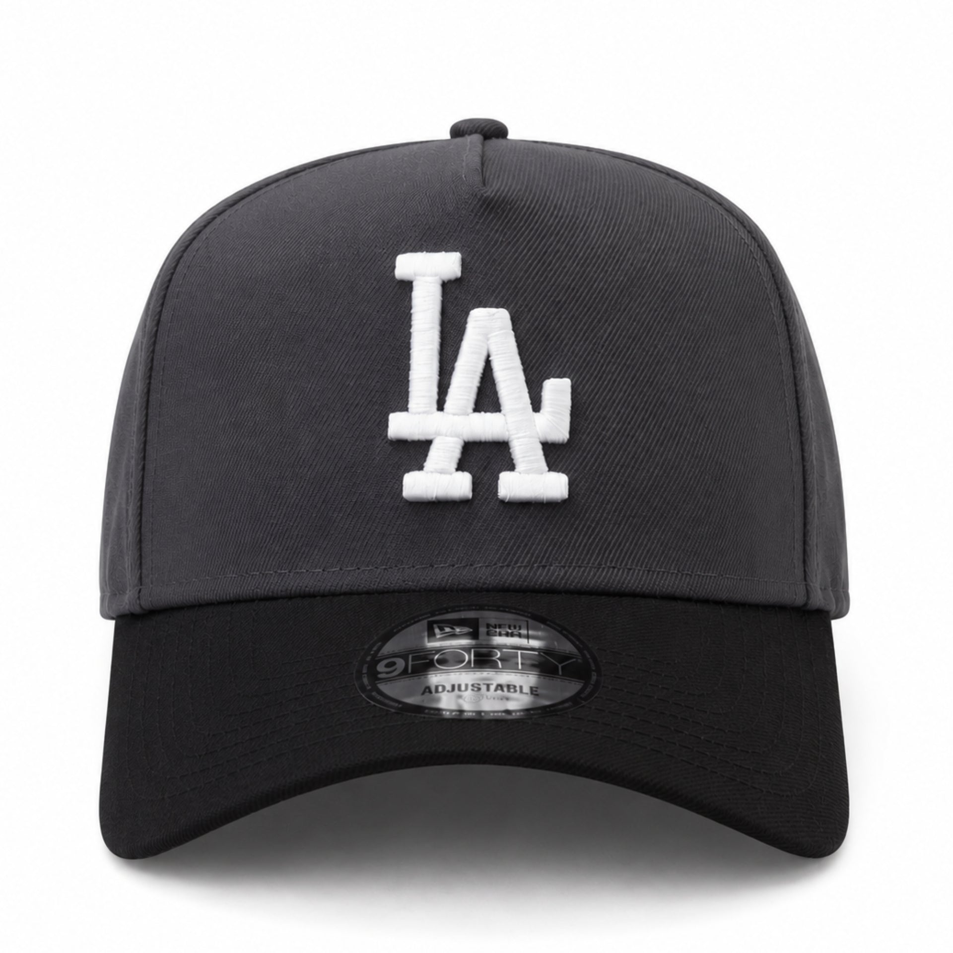 Black cap with white logo on a white background