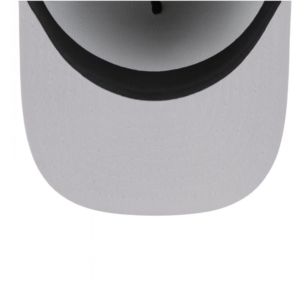 Close-up of a white cap with black rim on a white background