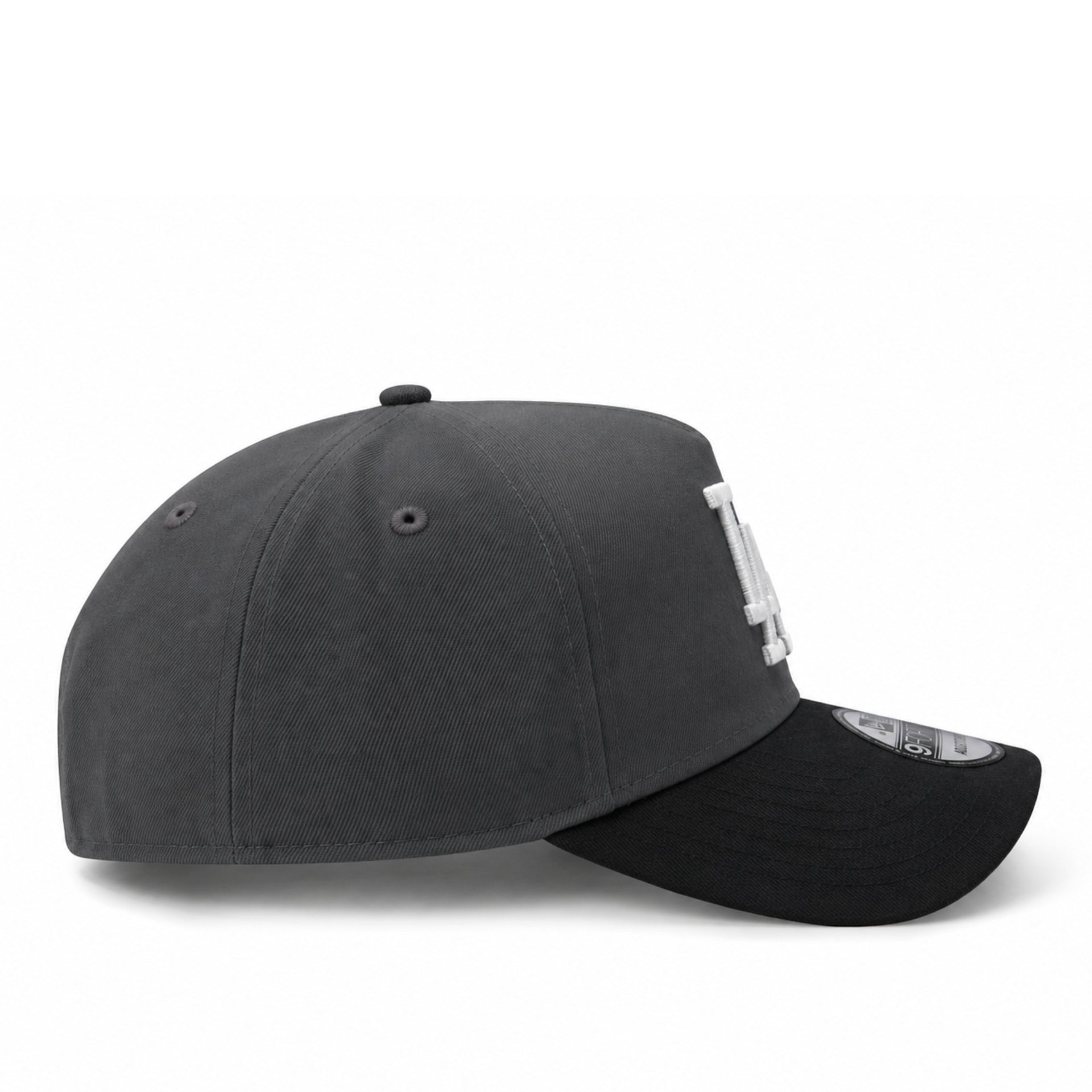 Gray cap with a black brim on a white background