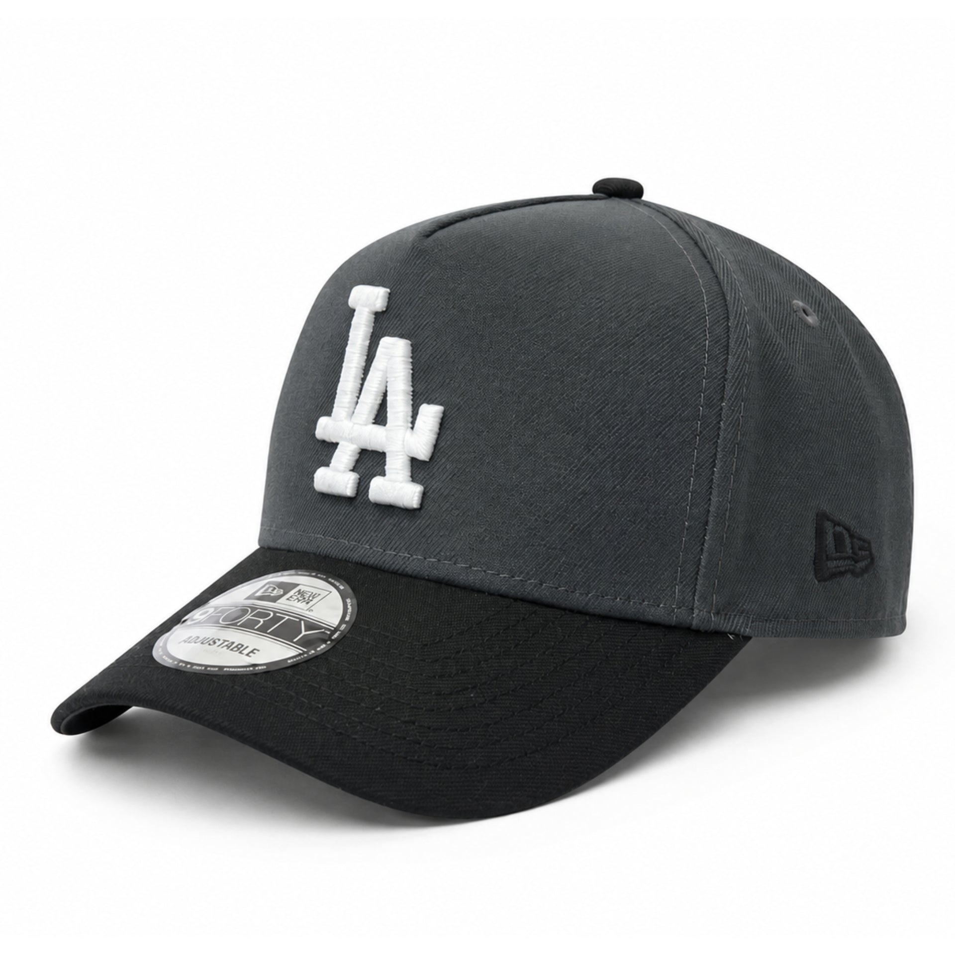 Gray and black cap with white logo on a white background