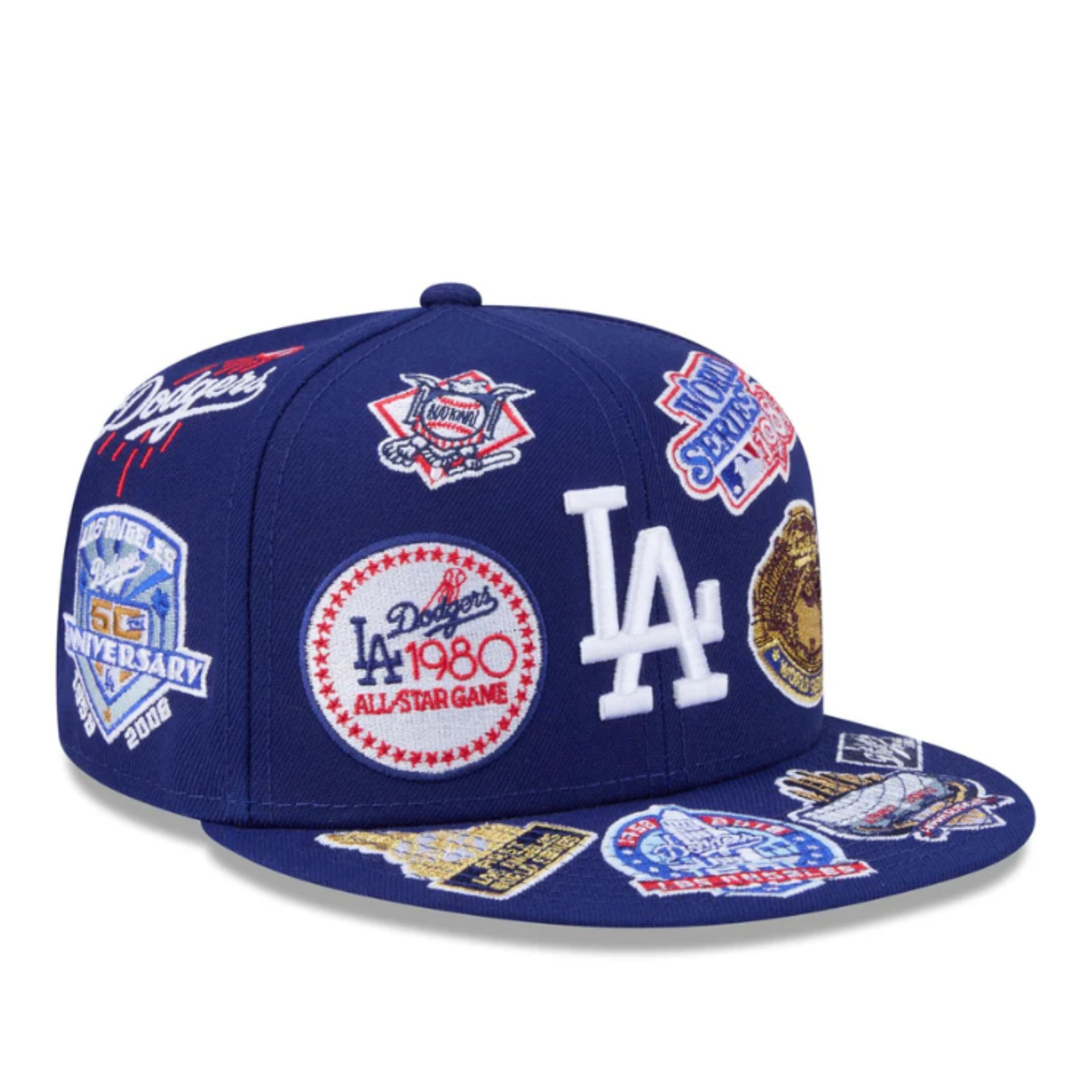 New Era Los Angeles Dodgers All Over Logo 59FIFTY Fitted Hat - Royal Blue front right view