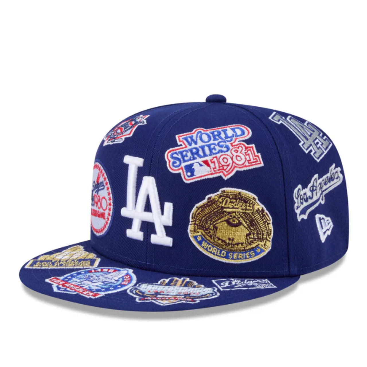 New Era Los Angeles Dodgers All Over Logo 59FIFTY Fitted Hat - Royal Blue front left view