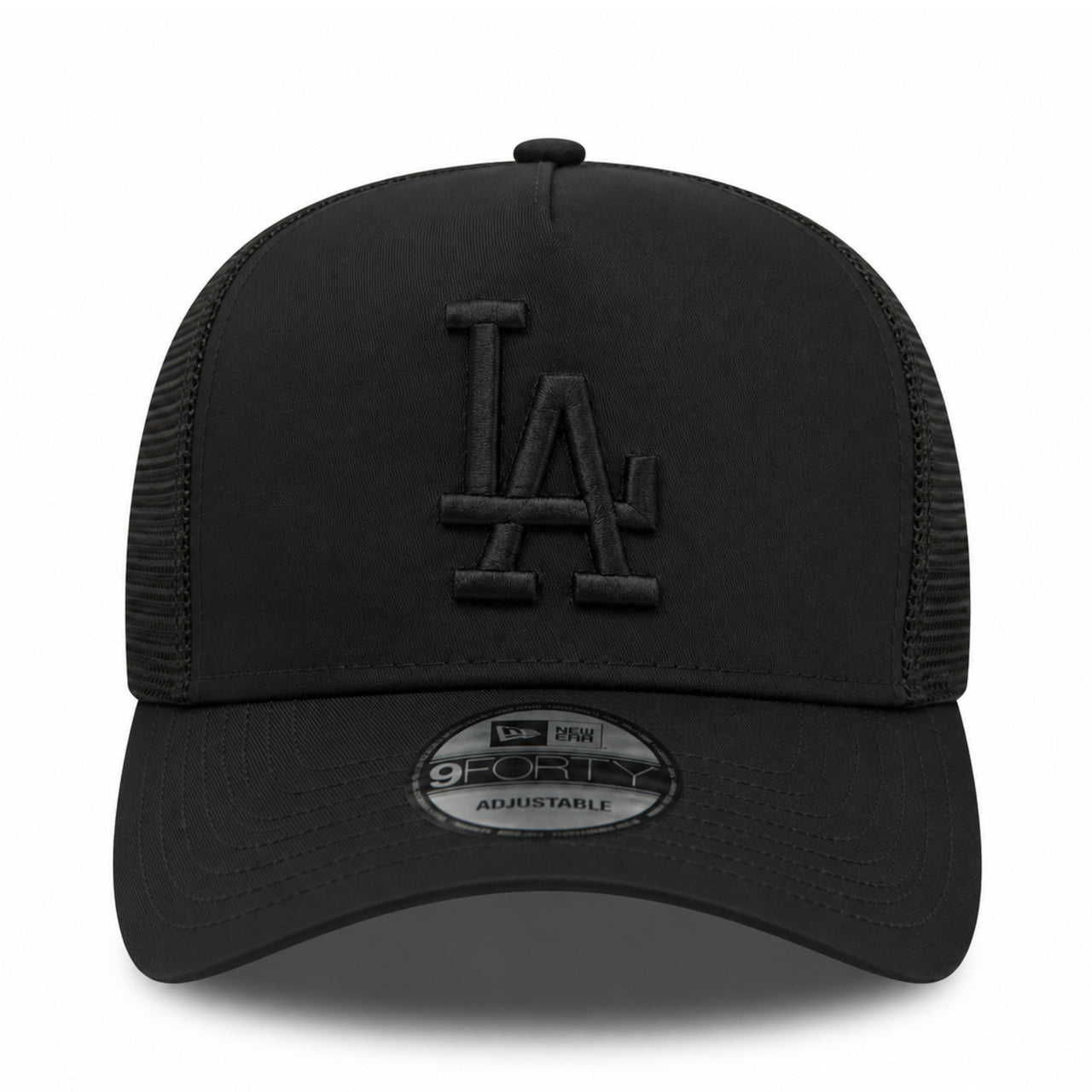 New Era Los Angeles Dodgers Trucker Black on Black 9FORTY A-Frame Snapback front view