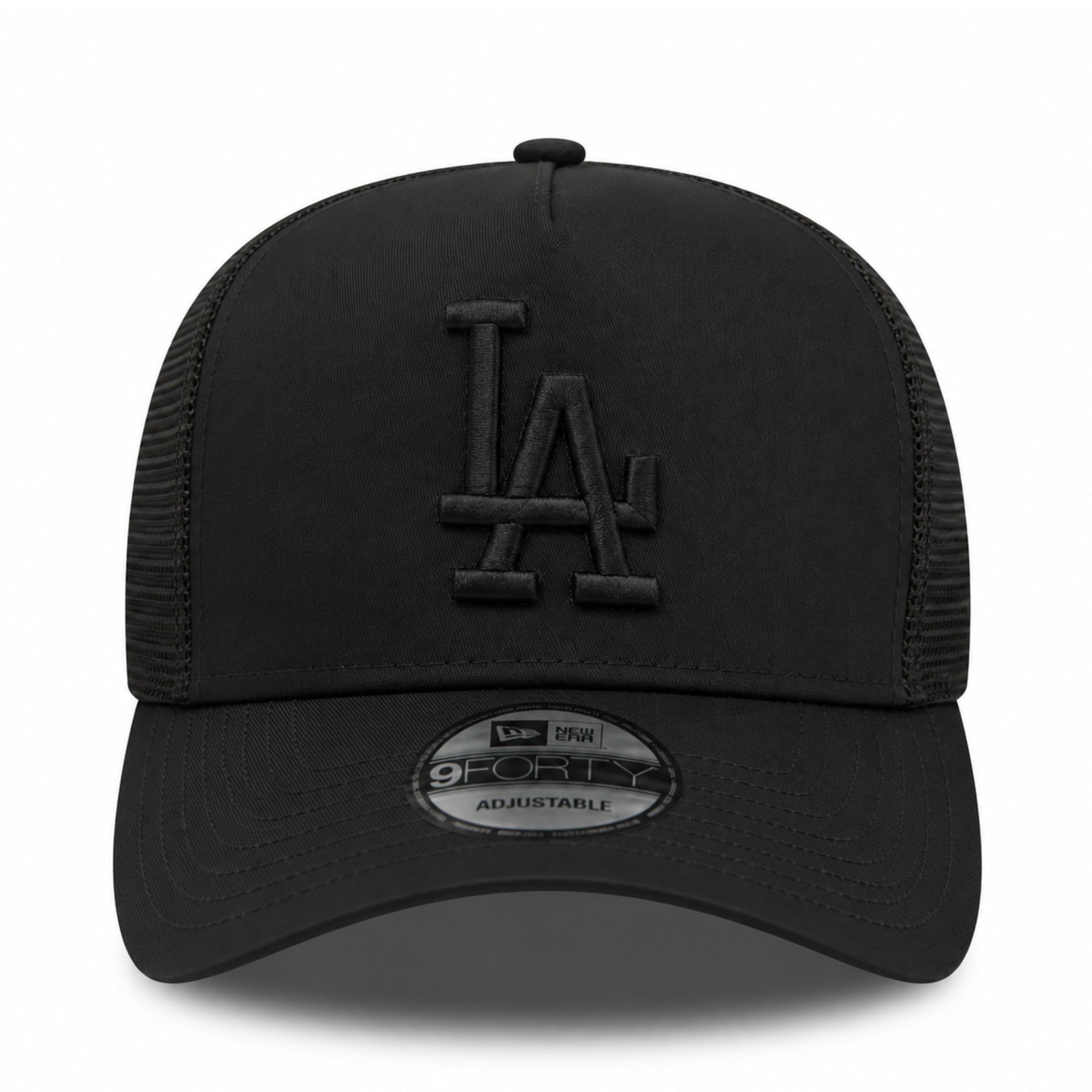 New Era Los Angeles Dodgers Trucker Black on Black 9FORTY A-Frame Snapback front view