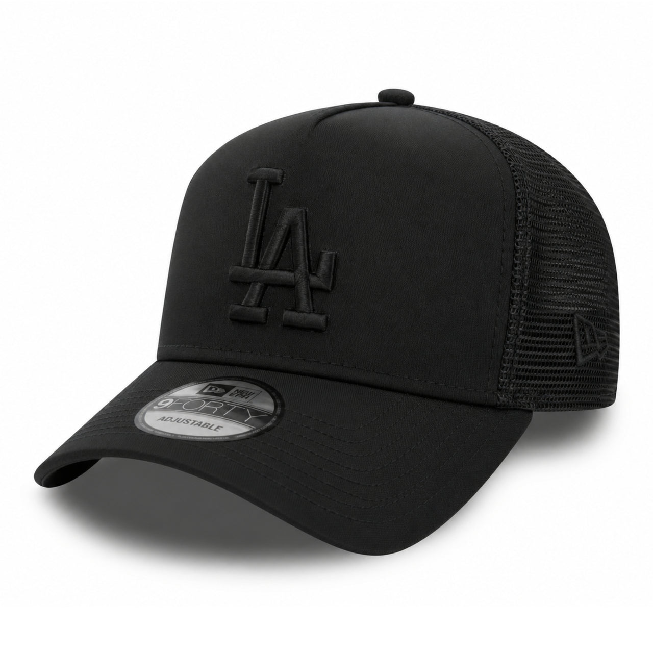 New Era Los Angeles Dodgers Trucker Black on Black 9FORTY A-Frame Snapback front angle view