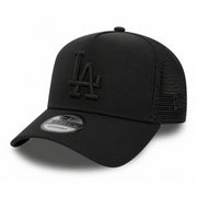 New Era Los Angeles Dodgers Trucker Black on Black 9FORTY A-Frame Snapback front angle view