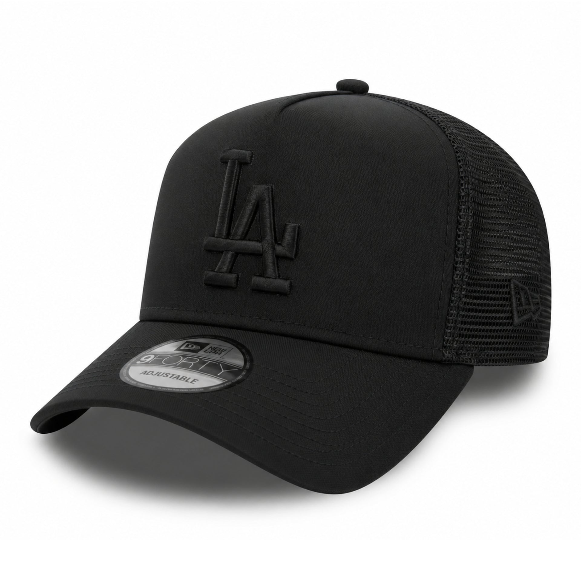 New Era Los Angeles Dodgers Trucker Black on Black 9FORTY A-Frame Snapback front angle view