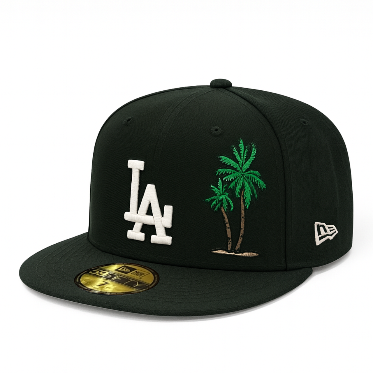 New Era Los Angeles Dodgers black 59FIFTY fitted hat front view with white LA logo and palm tree design