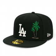 New Era Los Angeles Dodgers black 59FIFTY fitted hat front view with white LA logo and palm tree design