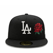 front view of New Era Los Angeles Dodgers Red Rose Black 59FIFTY Fitted Hat