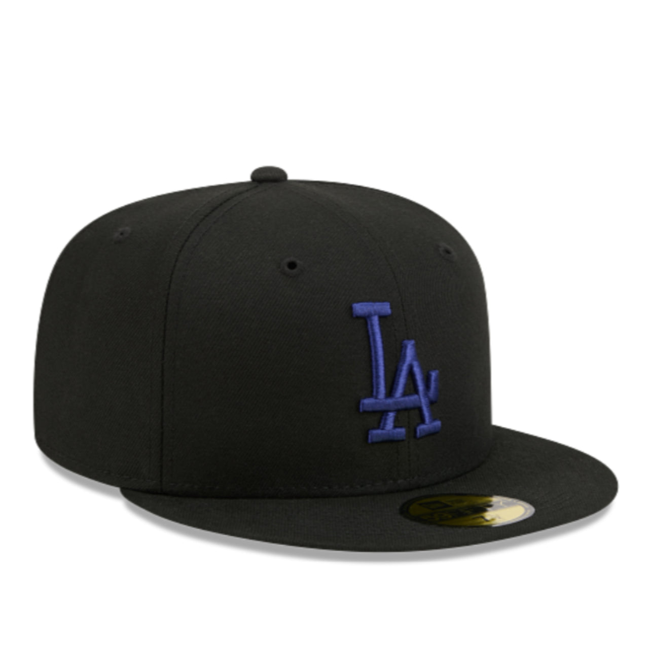 New Era Los Angeles Dodgers Black Royal Blue 59FIFTY Fitted Hat front angle view