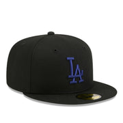 New Era Los Angeles Dodgers Black Royal Blue 59FIFTY Fitted Hat front angle view