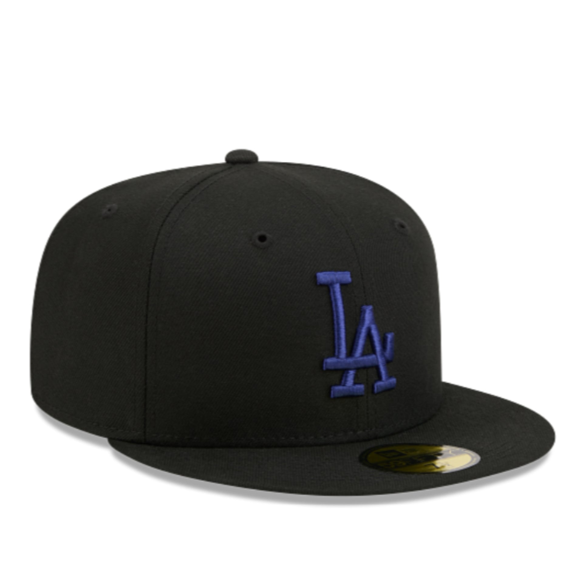New Era Los Angeles Dodgers Black Royal Blue 59FIFTY Fitted Hat front angle view