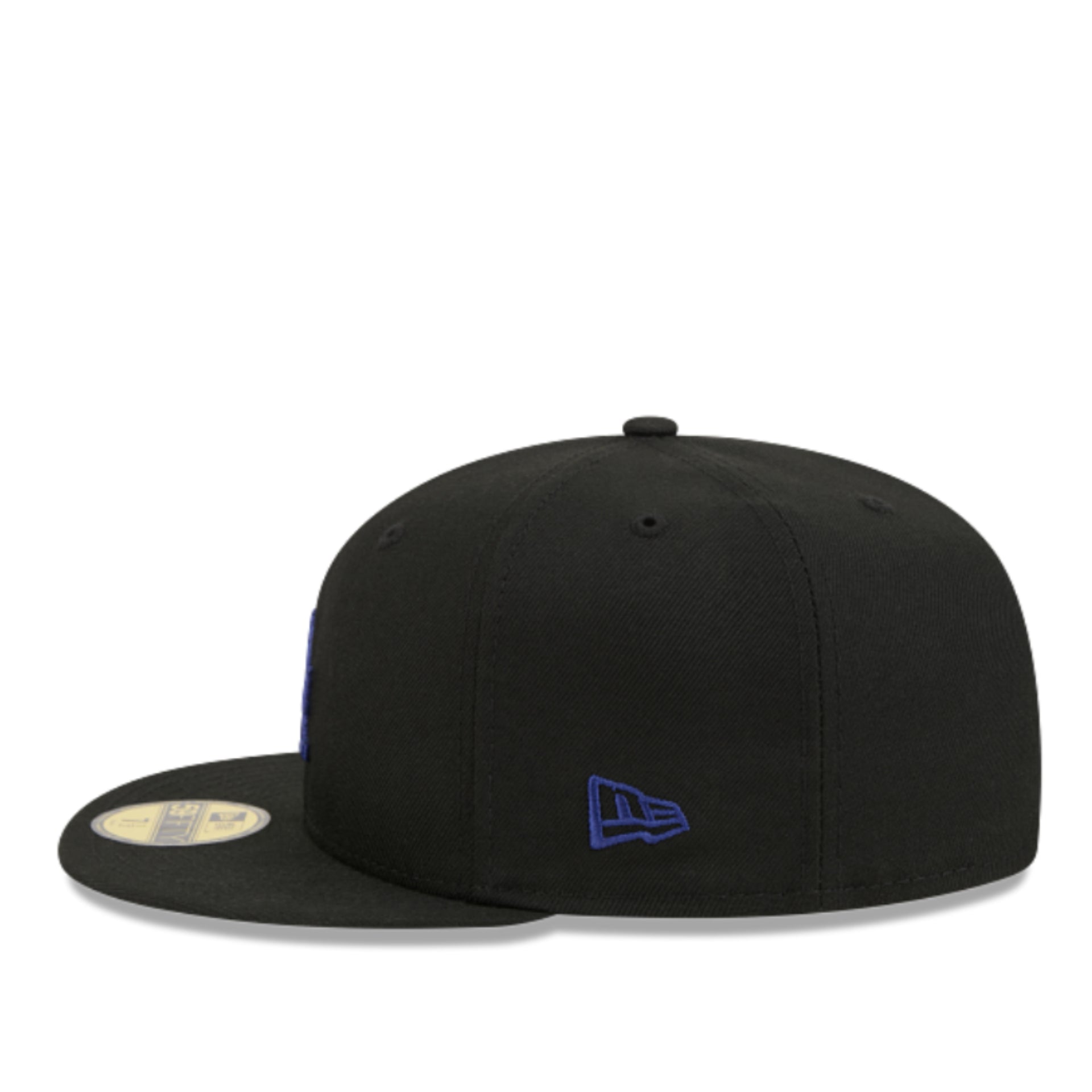 New Era Los Angeles Dodgers Black Royal Blue 59FIFTY Fitted Hat left side view