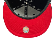 New Era Los Angeles Dodgers black scarlet red logo 59fifty fitted hat under visor view