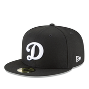 New Era Los Angeles Dodgers black white d logo 59fifty fitted hat front view