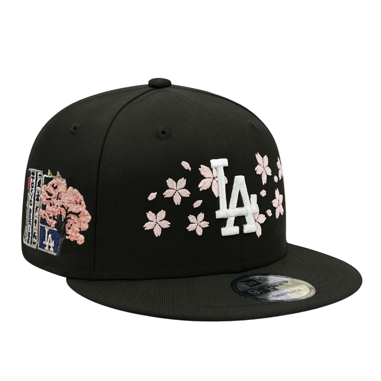New Era Los Angeles Dodgers black white logo cherry blossom 2025 tokyo series 9fifty snapback hat front view