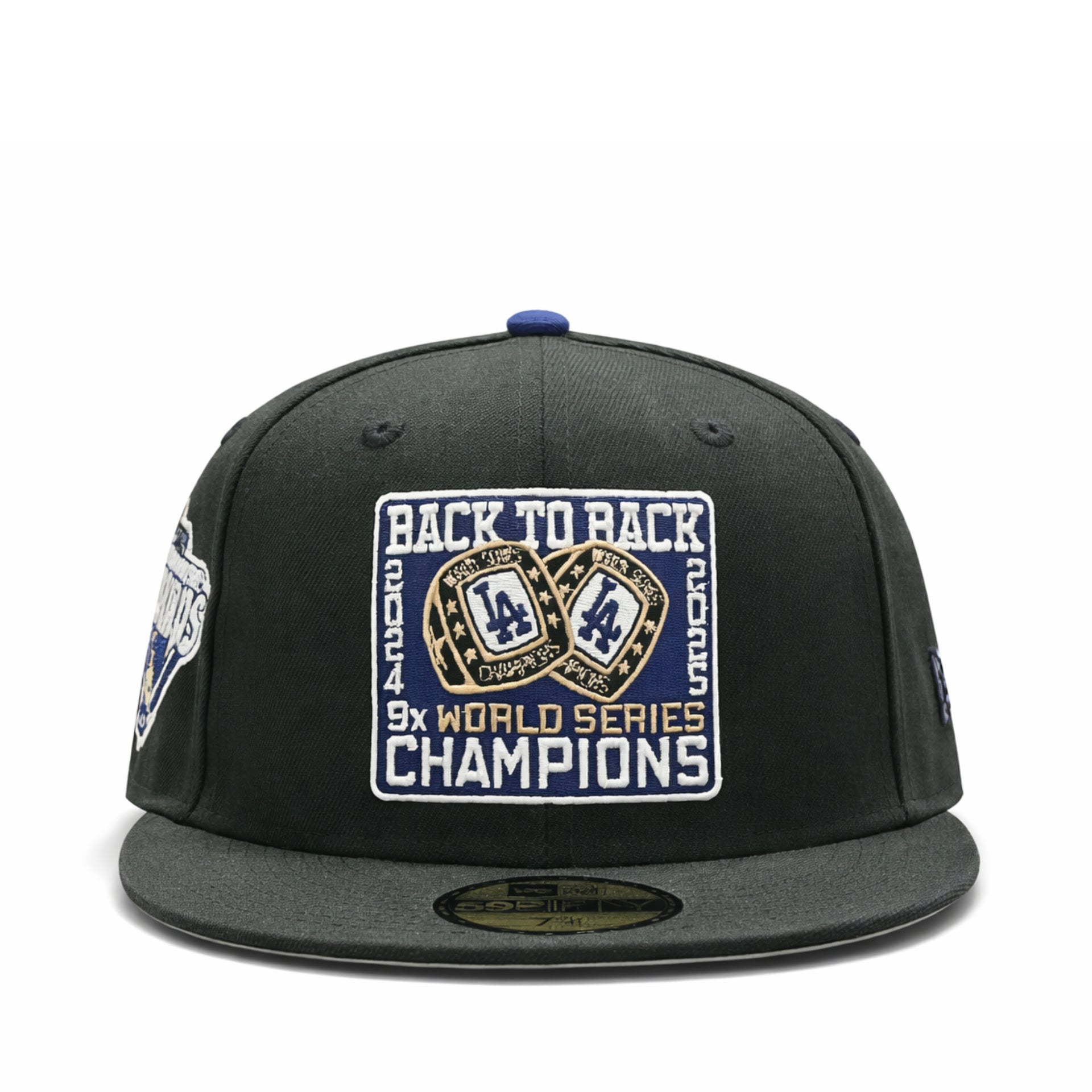 front of New Era Los Angeles Dodgers BTB 9x World Series Champions Black 59FIFTY Fitted Hat