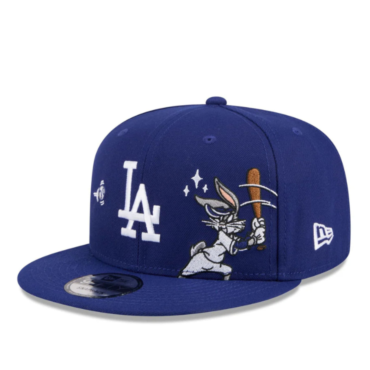 Blue baseball cap with Bugs Bunny design and LA Dodgers logo on a white background