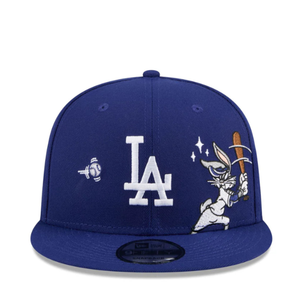 Blue baseball cap with LA Dodgers logo and cartoon character bugs bunny swing on a white background
