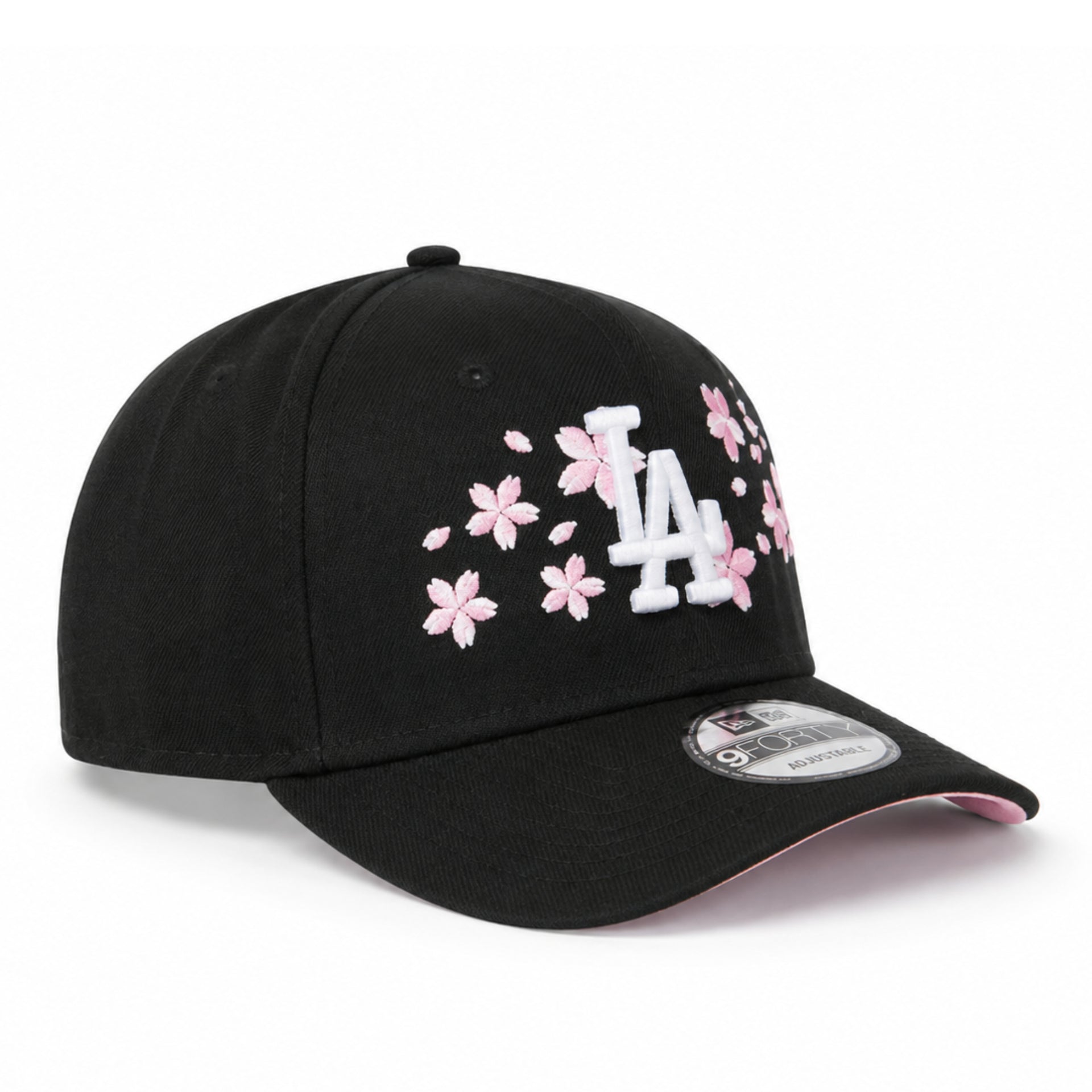 angled view of New Era Los Angeles Dodgers Cherry Blossom Black 9FORTY A-Frame Snapback with white LA logo, pink cherry blossom embroidery, and pink undervisor.