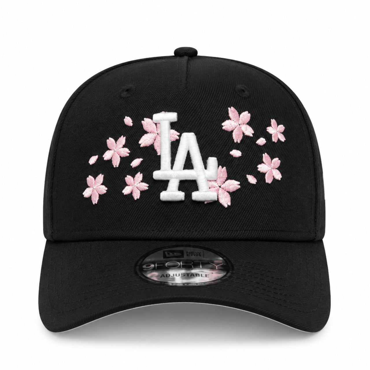 front view of New Era Los Angeles Dodgers Cherry Blossom Black 9FORTY A-Frame Snapback with white LA logo, pink cherry blossom embroidery, and pink undervisor.