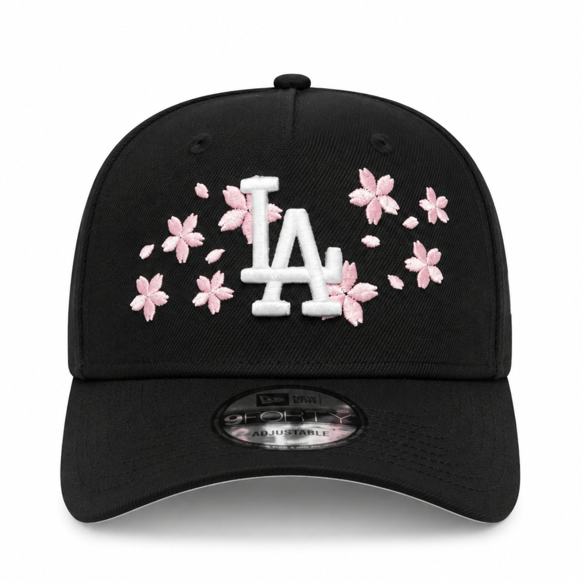 front view of New Era Los Angeles Dodgers Cherry Blossom Black 9FORTY A-Frame Snapback with white LA logo, pink cherry blossom embroidery, and pink undervisor.