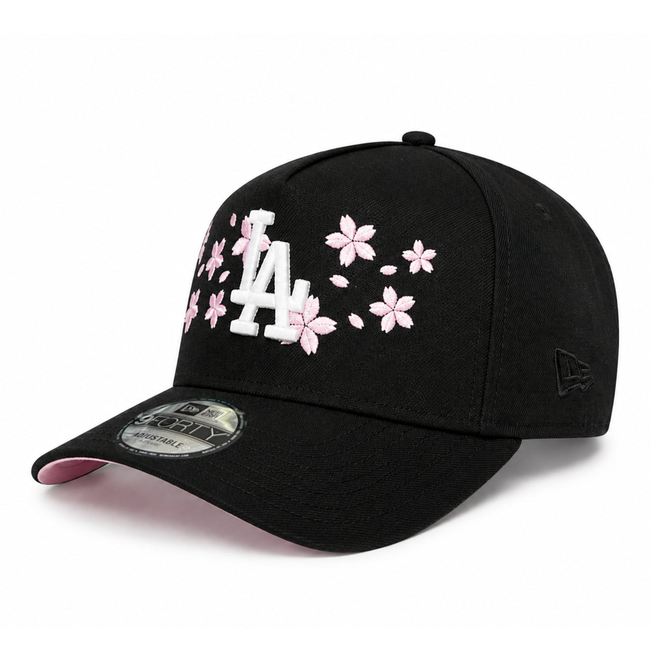 New Era Los Angeles Dodgers Cherry Blossom Black 9FORTY A-Frame Snapback with white LA logo, pink cherry blossom embroidery, and pink undervisor.