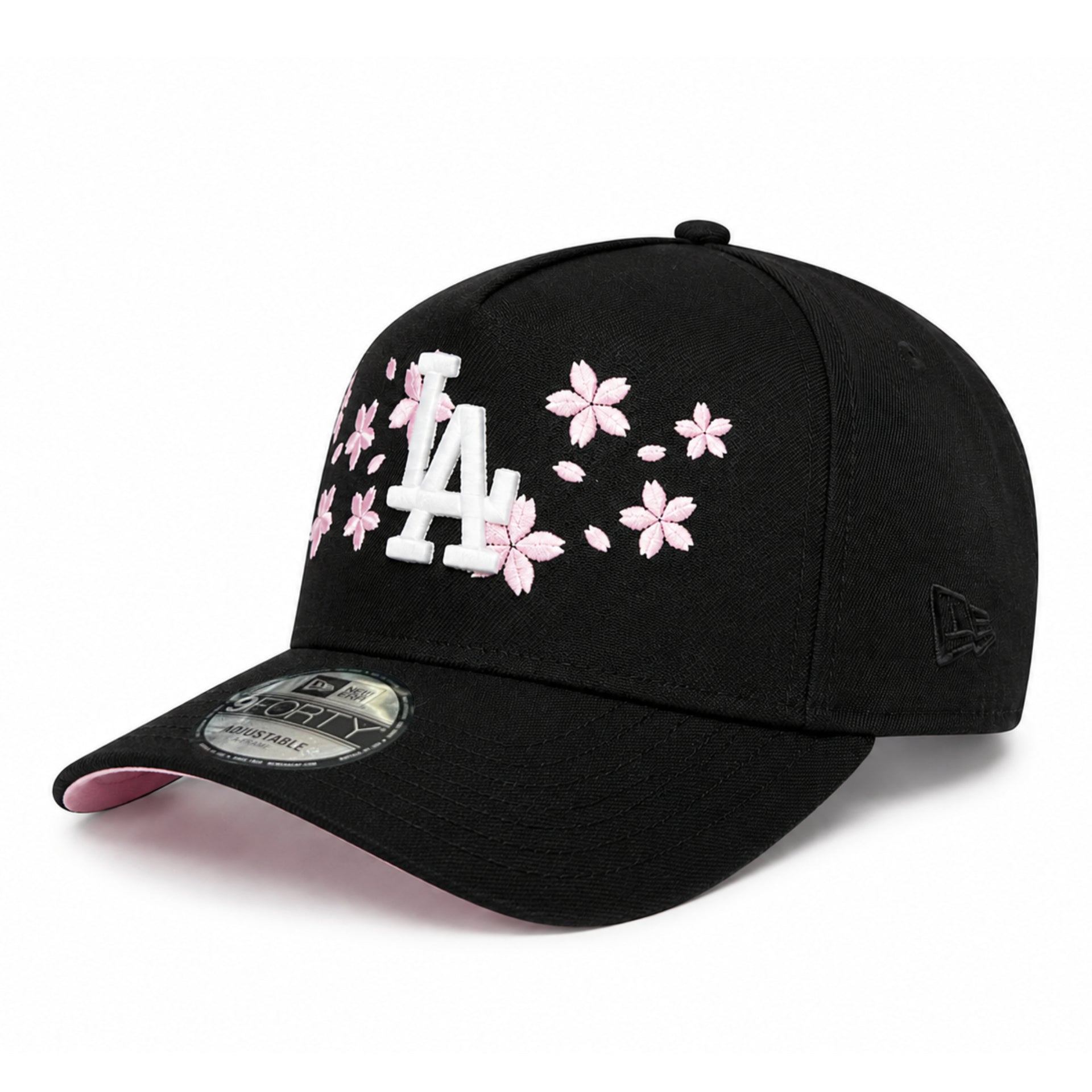 New Era Los Angeles Dodgers Cherry Blossom Black 9FORTY A-Frame Snapback with white LA logo, pink cherry blossom embroidery, and pink undervisor.