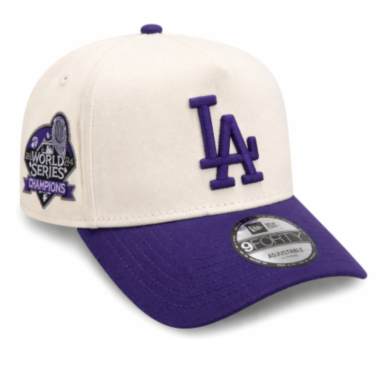 New Era Los Angeles Dodgers 2024 World Series 9FORTY A-Frame Snapback - Chrome/Purple front right view