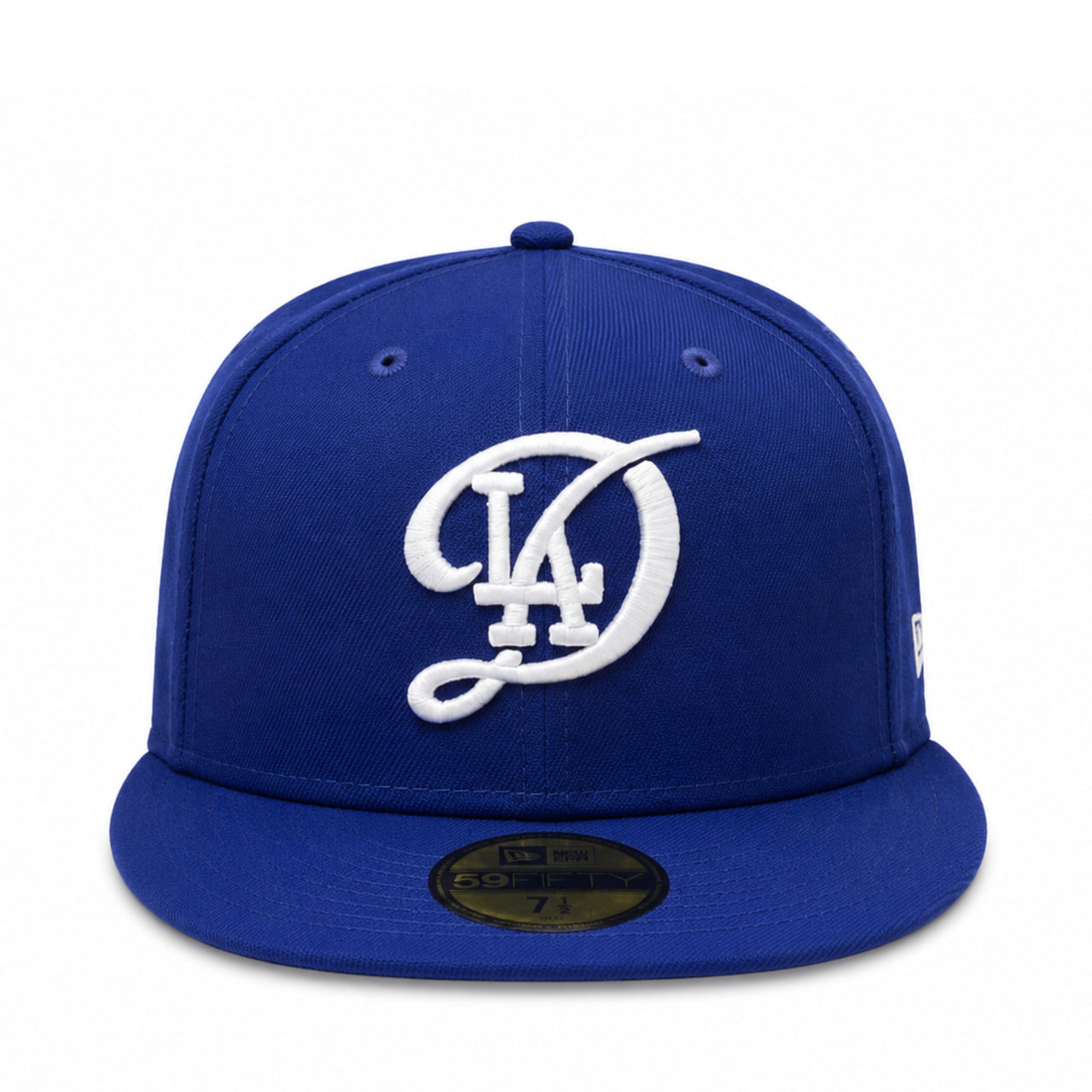 Royal blue New Era Los Angeles Dodgers City Connect 59FIFTY fitted cap featuring oversized white interlocking LA logo embroidery, flat brim, structured high crown, and official MLB fitted silhouette front product image