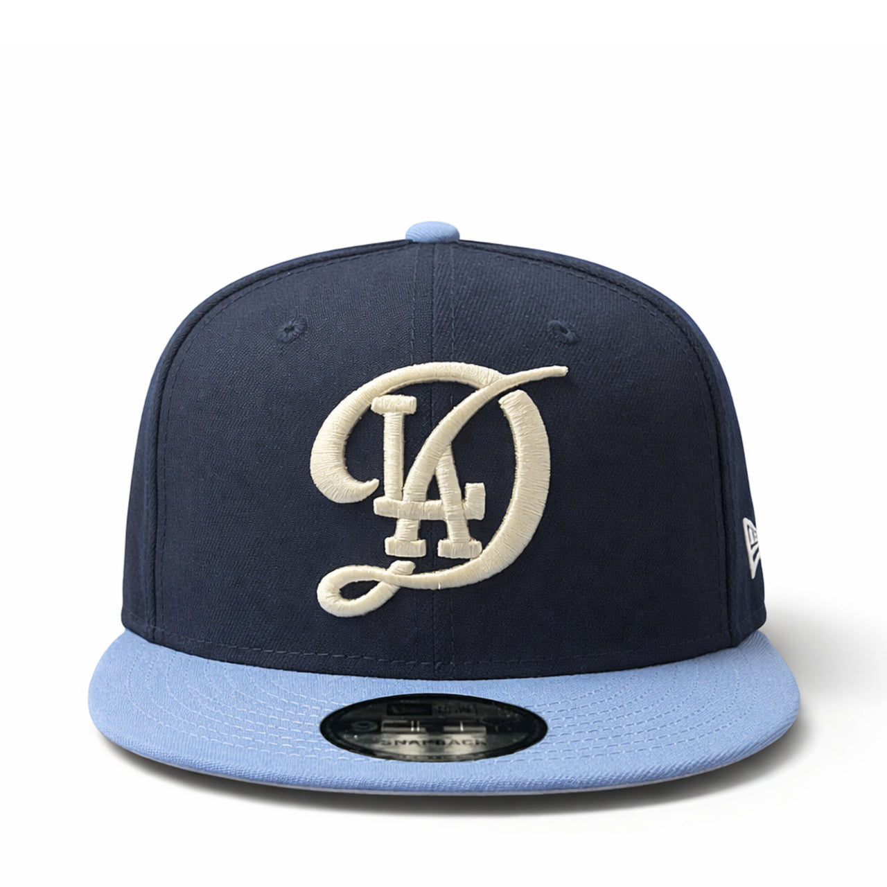 front view of New Era Los Angeles Dodgers City Connect 9FIFTY Snapback Hat- Navy/ Sky Blue