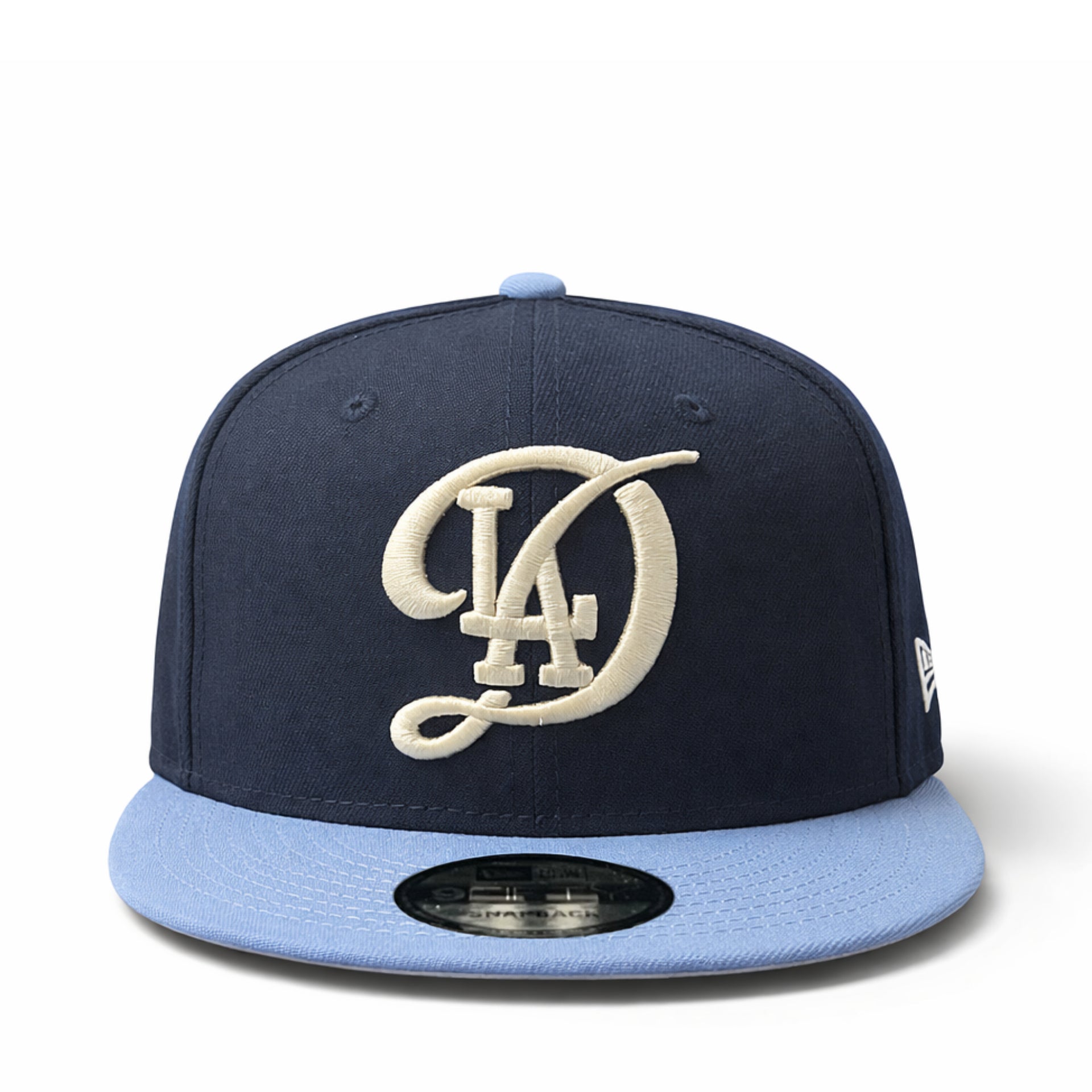 front view of New Era Los Angeles Dodgers City Connect 9FIFTY Snapback Hat- Navy/ Sky Blue