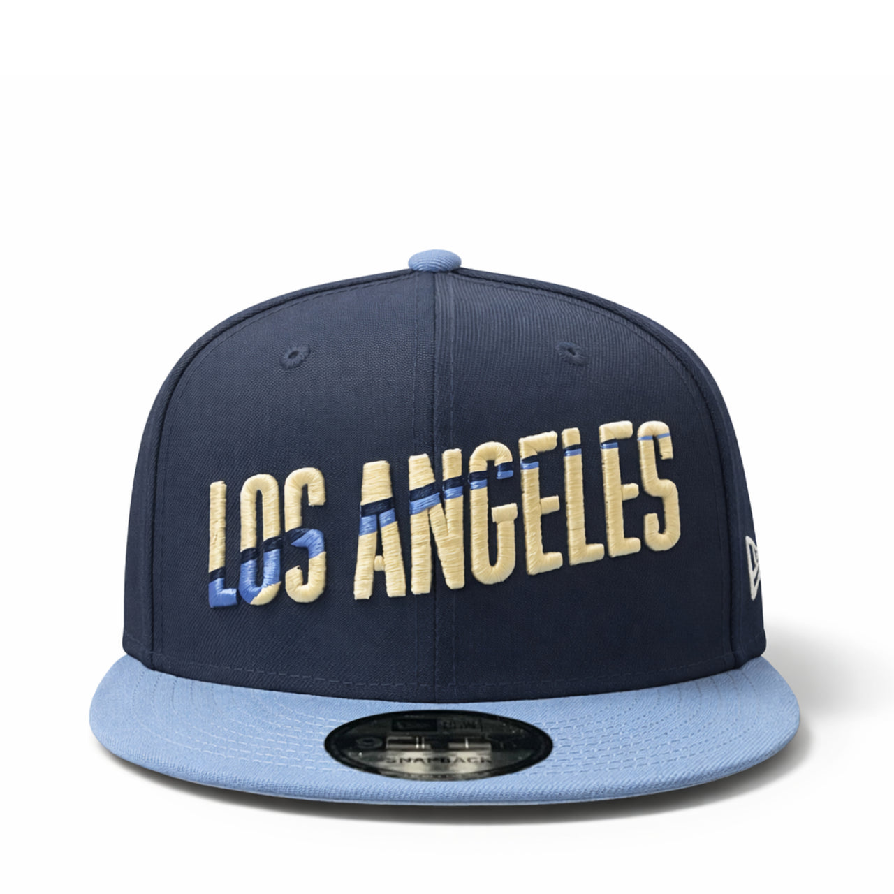front view of New Era Los Angeles Dodgers City Connect Script 9FIFTY Snapback Hat- Navy/ Sky Blue