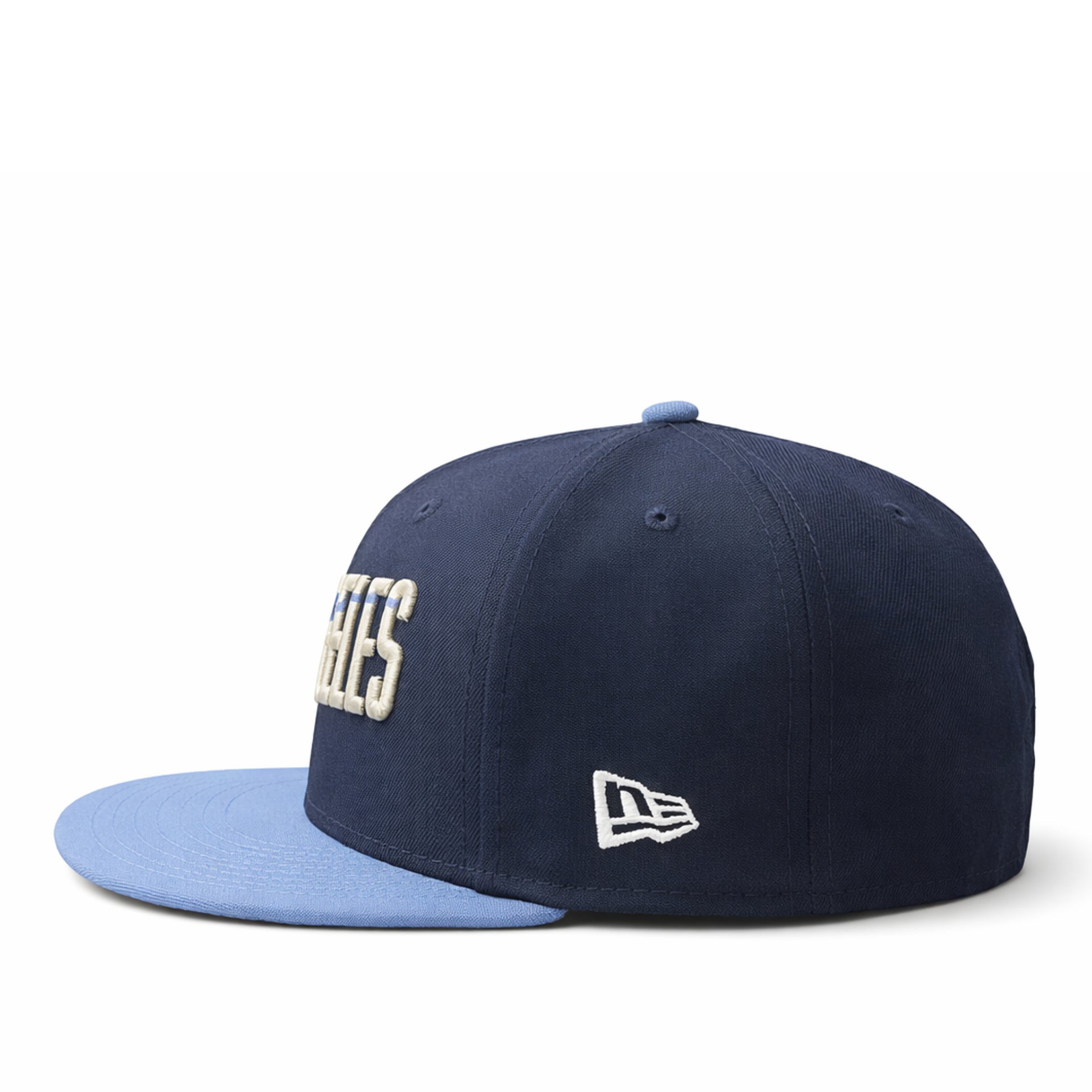 side view of New Era Los Angeles Dodgers City Connect Script 9FIFTY Snapback Hat- Navy/ Sky Blue