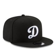 New Era Los Angeles Dodgers D Logo Black 9FIFTY Snapback Hat front left view