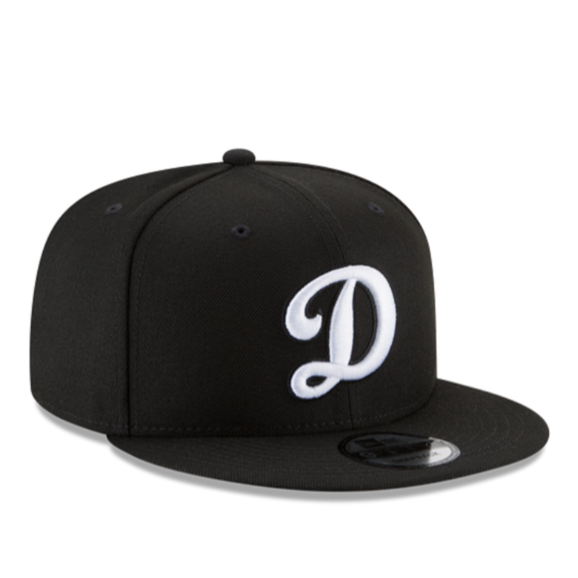 New Era Los Angeles Dodgers D Logo Black 9FIFTY Snapback Hat front left view