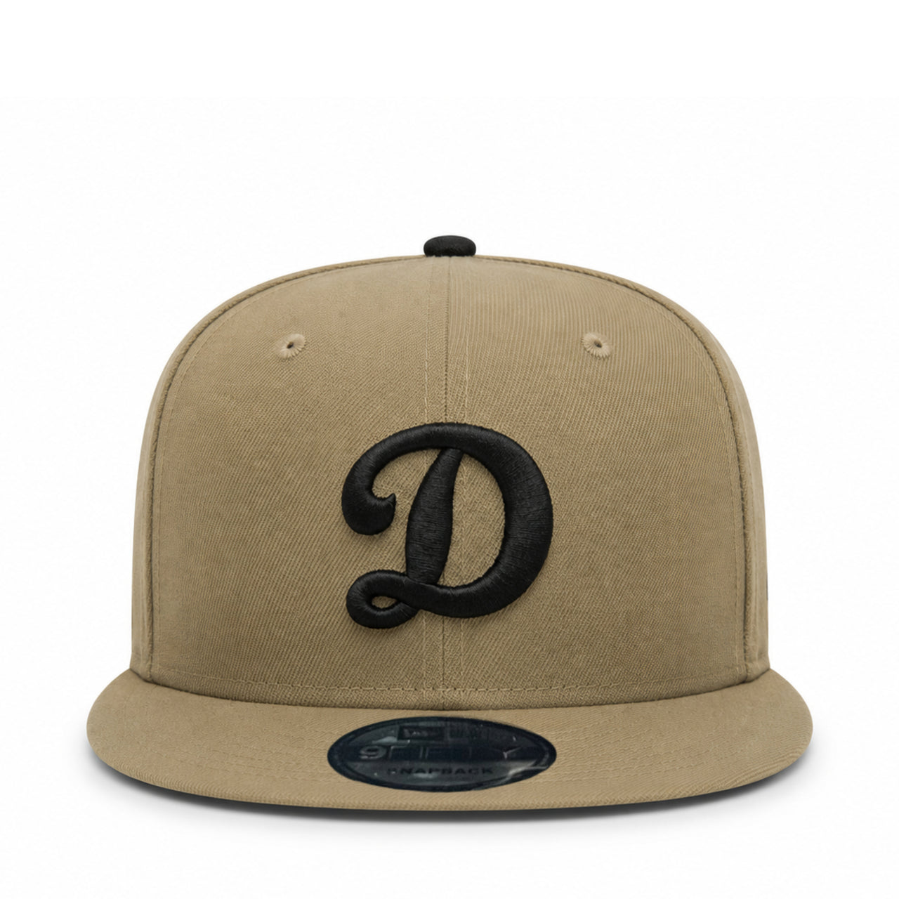 Beige cap with black ldodgers d logo on a white background