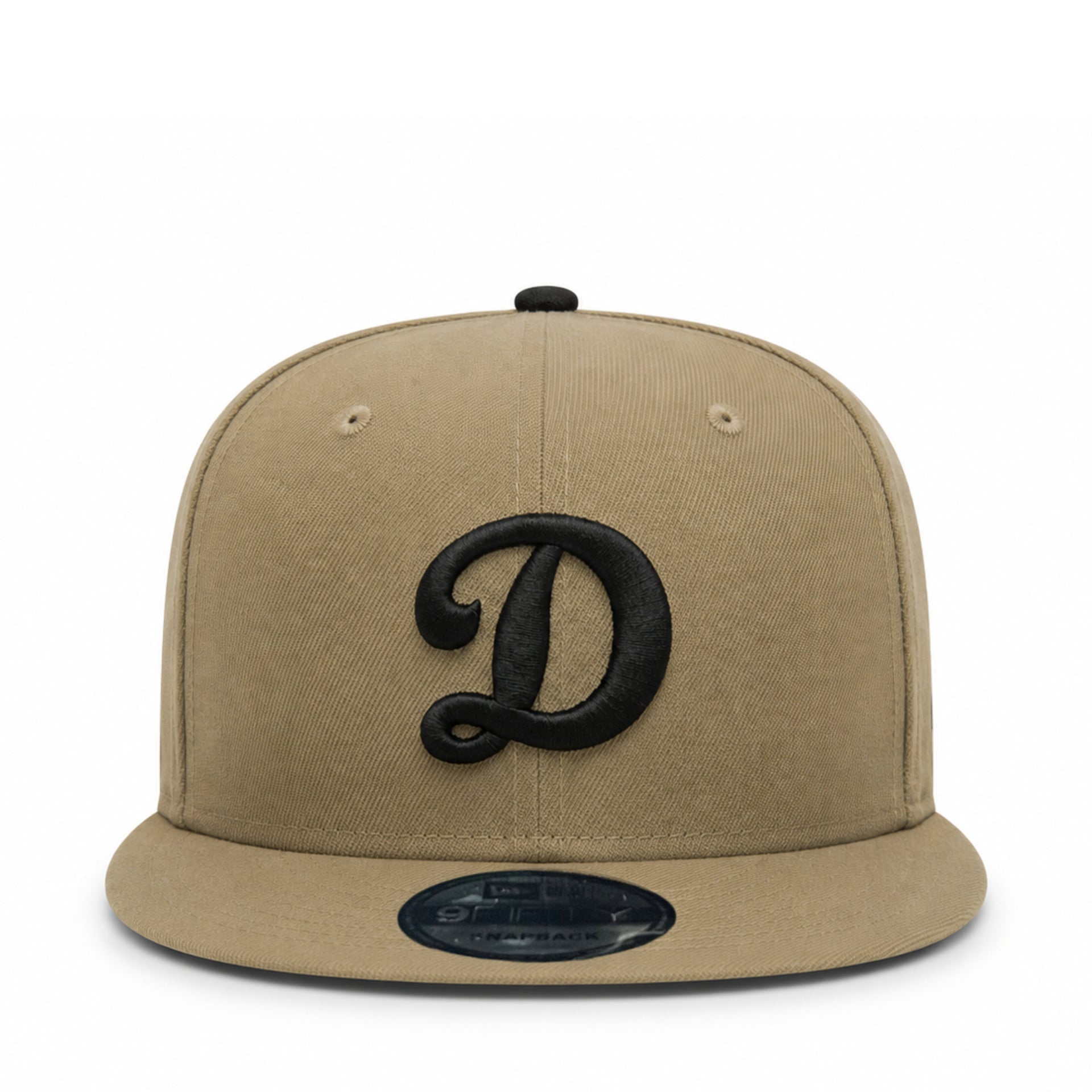 Beige cap with black ldodgers d logo on a white background