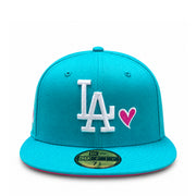 New Era Los Angeles Dodgers Heart Teal/Pink 50th Anniversary 59FIFTY Fitted Hat front view