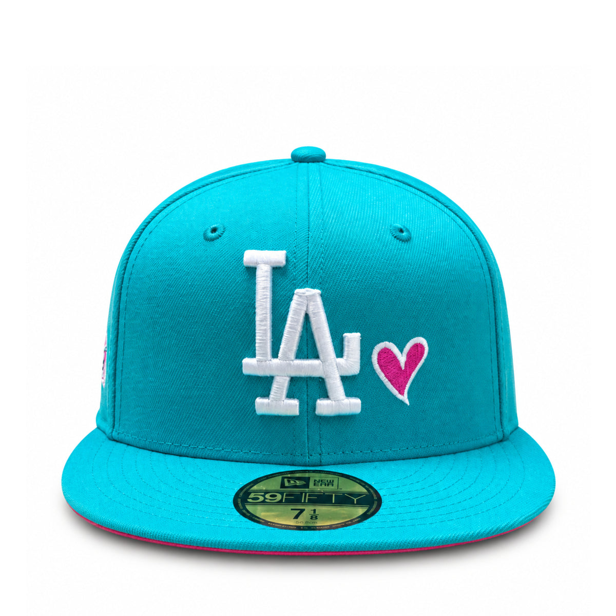 New Era Los Angeles Dodgers Heart Teal/Pink 50th Anniversary 59FIFTY Fitted Hat front view