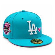 New Era Los Angeles Dodgers Heart Teal/Pink 50th Anniversary 59FIFTY Fitted Hat front right angled view