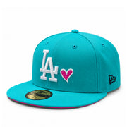 New Era Los Angeles Dodgers Heart Teal/Pink 50th Anniversary 59FIFTY Fitted Hat front left angled view