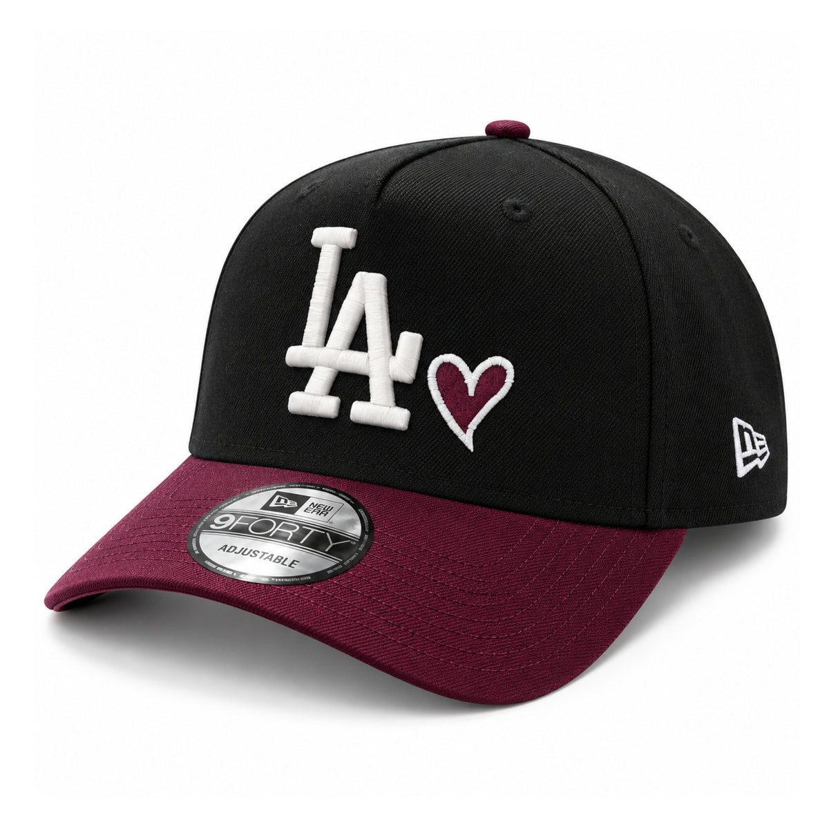 Los Angeles Dodgers Black/Burgundy Heart 9FORTY A-Frame Snapback front angled view