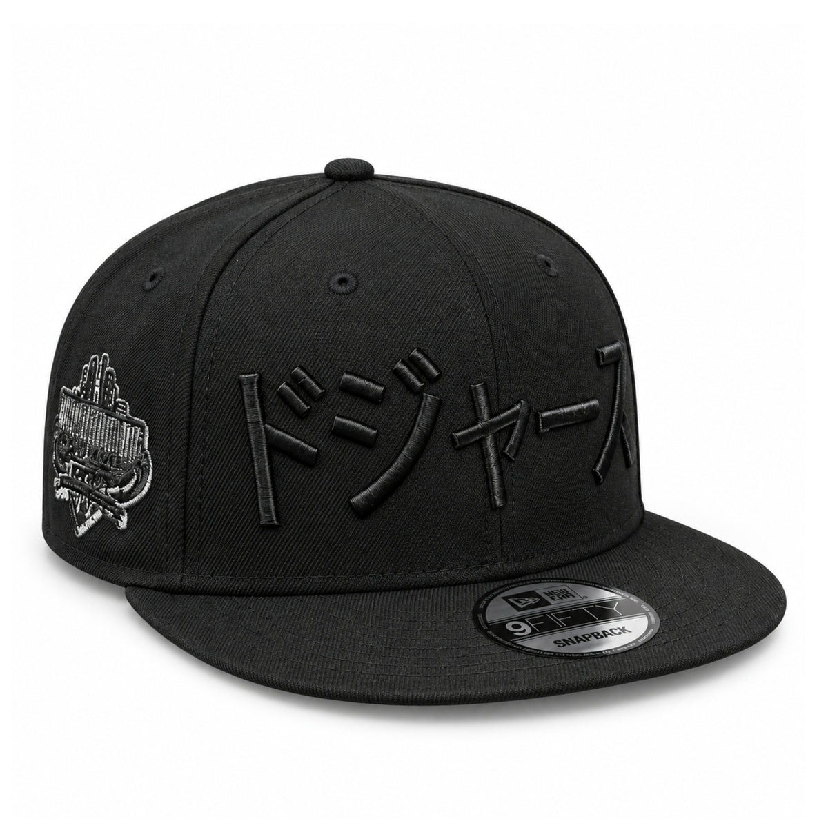 New Era Los Angeles Dodgers Japanese Black on Black 9FIFTY Snapback Hat - Pink Under Visor front angled view